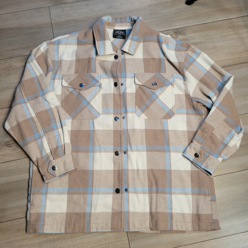 Men's Tan and Blue Plaid Shirt Jacket